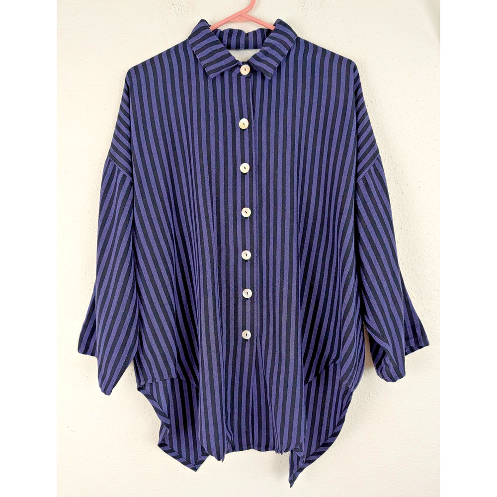 Jules sz XL ? Artsy Lagenlook Tunic Blouse purple & black stripes ls top 3229